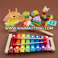 2019 Amazon Hot Sell Kids Hand Knock Piano Round Bead Clock Rainbow Stacker Early Educational Set Wooden Toy